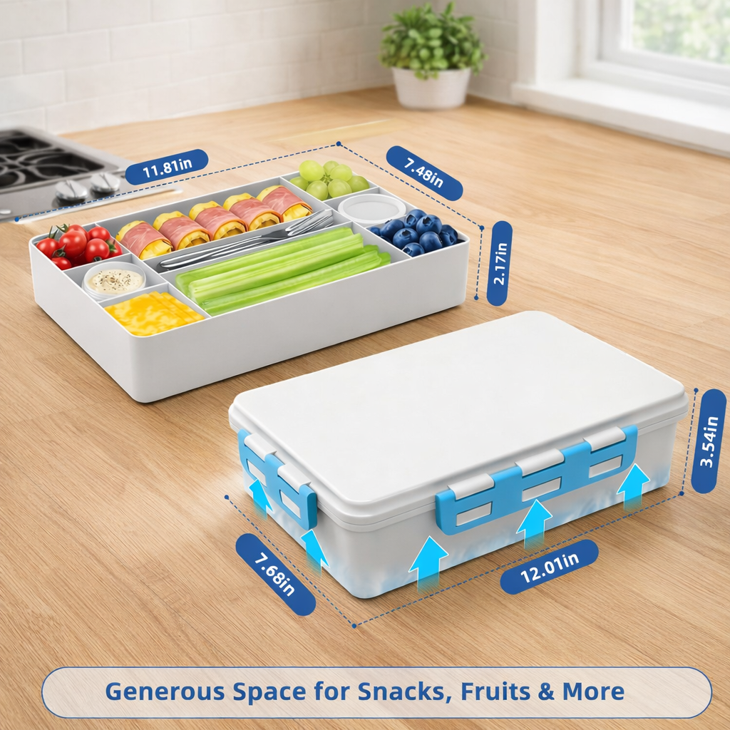 Chilled Portable Snackle Box Container with Ice Pack, Portable Travel Food Containers with Lids, Keep Cheese and Fruits Remained Fresh for Hours, Divided Serving Tray for Family Road Trip Beach Picnic,8-Pack Carton