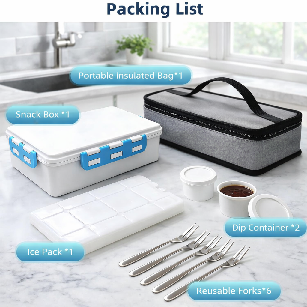 Chilled Portable Snackle Box Container with Ice Pack, Portable Travel Food Containers with Lids, Keep Cheese and Fruits Remained Fresh for Hours, Divided Serving Tray for Family Road Trip Beach Picnic,8-Pack Carton