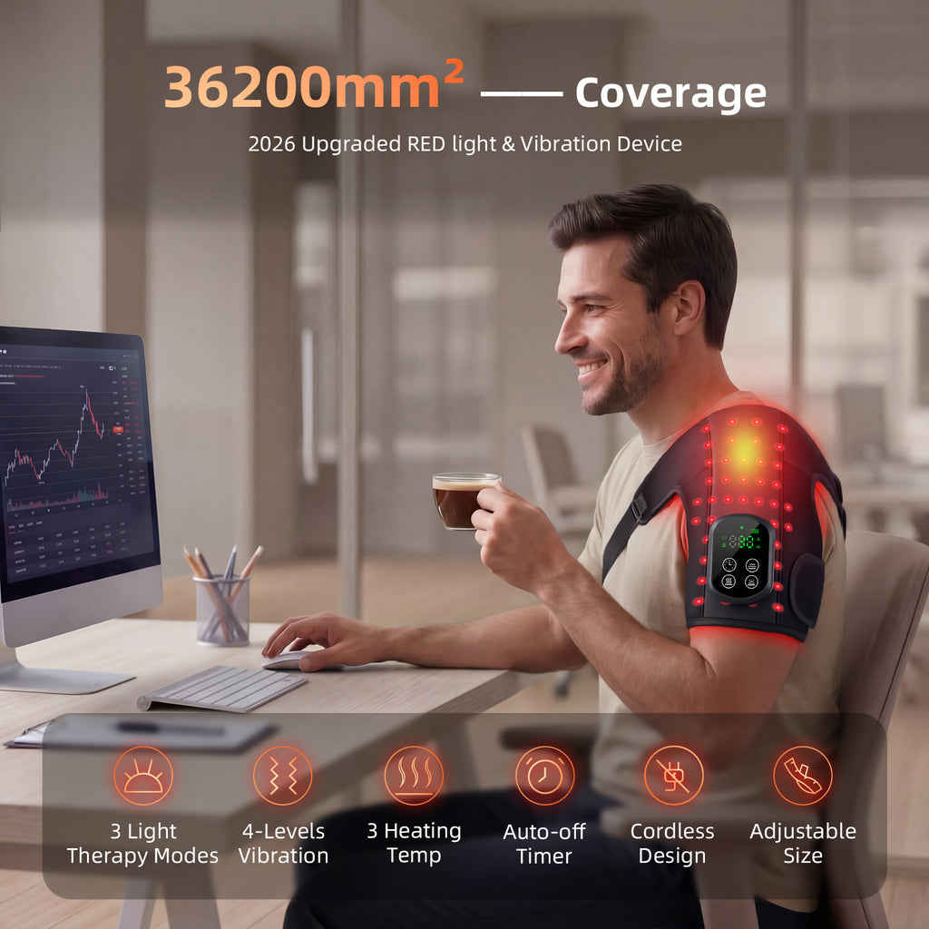 Cordless Red Light Therapy for Shoulder with Heat & Massage Vibration, Separate 5000mAh Portable Near-Infrared Light Therapy Wrap for Shoulder Discomfort, 3 Heat 4 Vibration Modes, 660nm & 850nm LEDs, 30-Pack Carton