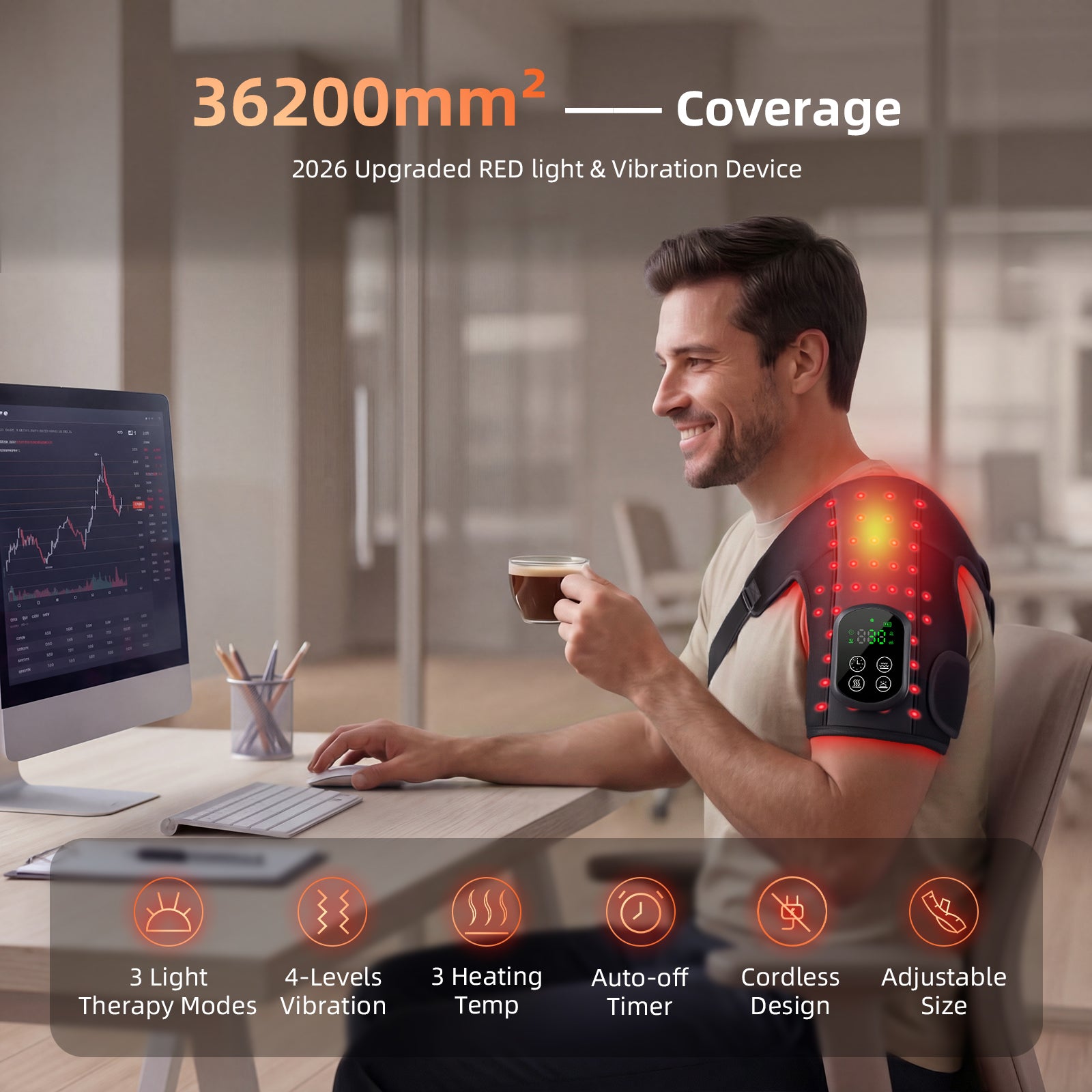 Cordless Red Light Therapy for Shoulder with Heat & Massage Vibration, Separate 5000mAh Portable Near-Infrared Light Therapy Wrap for Shoulder Discomfort, 3 Heat 4 Vibration Modes, 660nm & 850nm LEDs, 30-Pack Carton