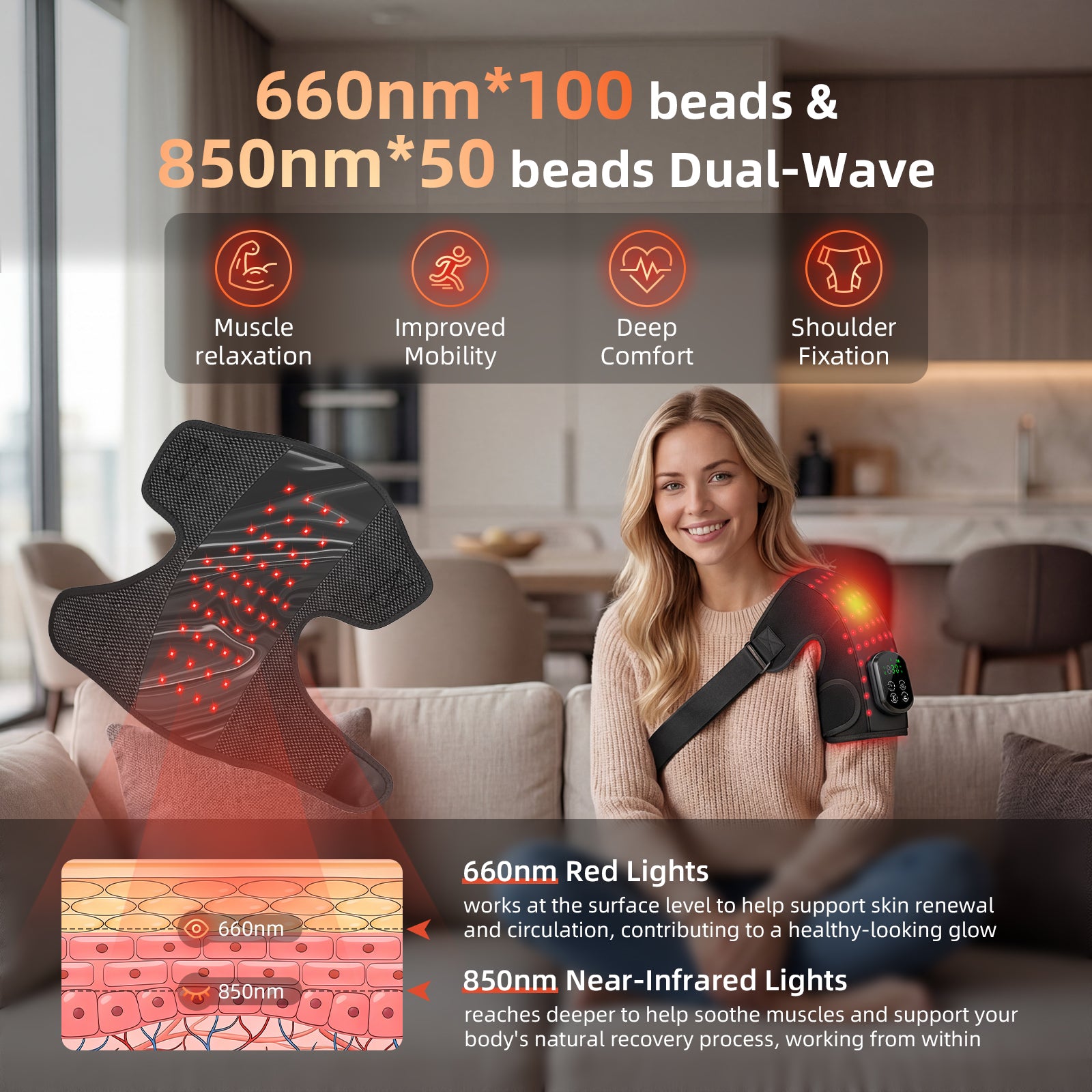 Cordless Red Light Therapy for Shoulder with Heat & Massage Vibration, Separate 5000mAh Portable Near-Infrared Light Therapy Wrap for Shoulder Discomfort, 3 Heat 4 Vibration Modes, 660nm & 850nm LEDs, 30-Pack Carton
