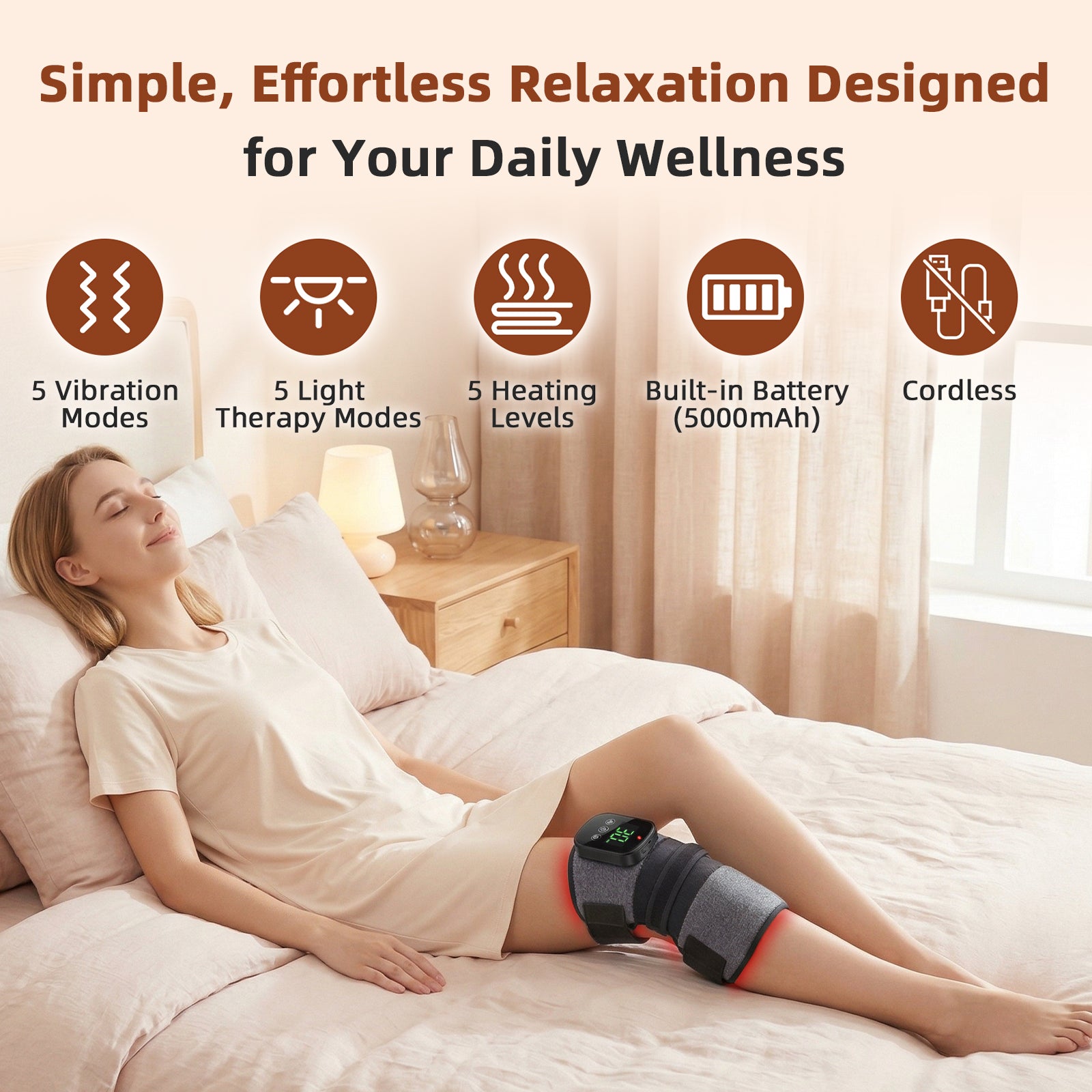 Cordless Heated Knee Massager, 5000mAh Rechargeable Knee Heating Pad Wrap with 6 Heat Levels & 3 Vibration Modes – Electric Knee Brace for Arthritis Pain Relief, Adjustable for Home Office Travel, 32-Pack Carton