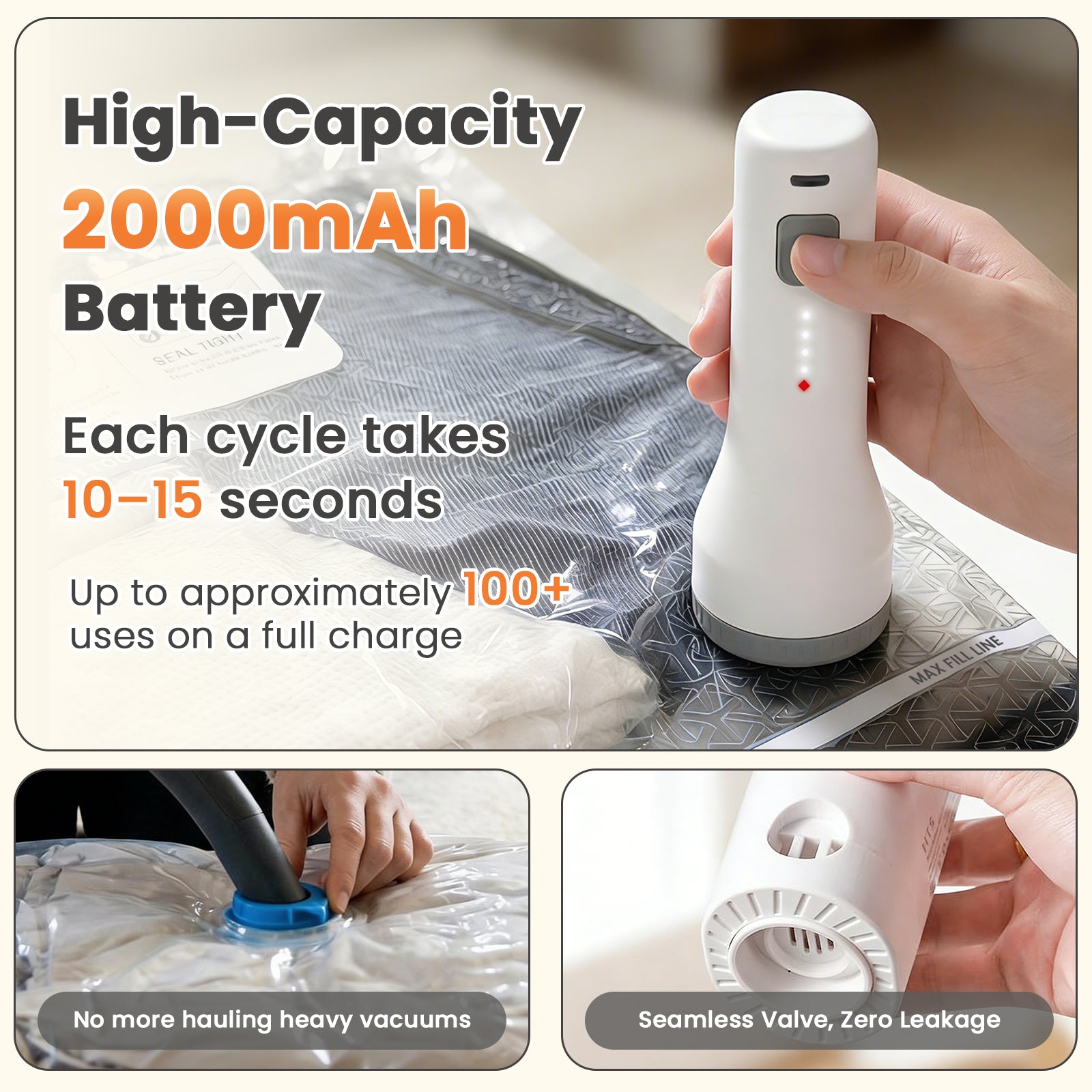 60,000Pa Rechargeable Electric Vacuum Pump for Storage Bags – 2000mAh Battery, 12-Pack Carton