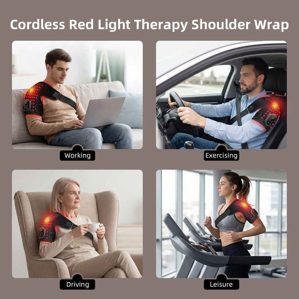 Cordless Red Light Therapy for Shoulder with Heat & Massage Vibration, Separate 5000mAh Portable Near-Infrared Light Therapy Wrap for Shoulder Discomfort, 3 Heat 4 Vibration Modes, 660nm & 850nm LEDs, 30-Pack Carton